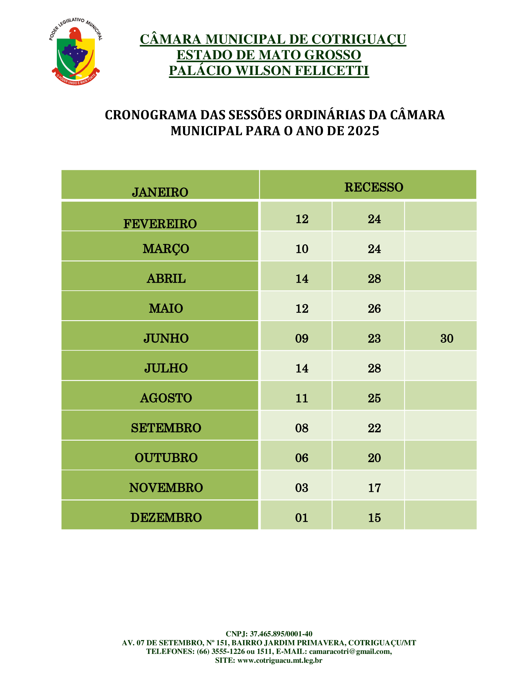 Calendário das Sessões de 2025